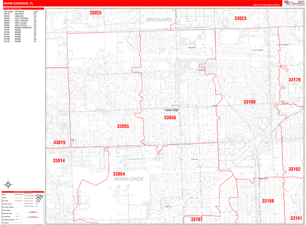 Miami Gardens City Wall Map Red Line Style